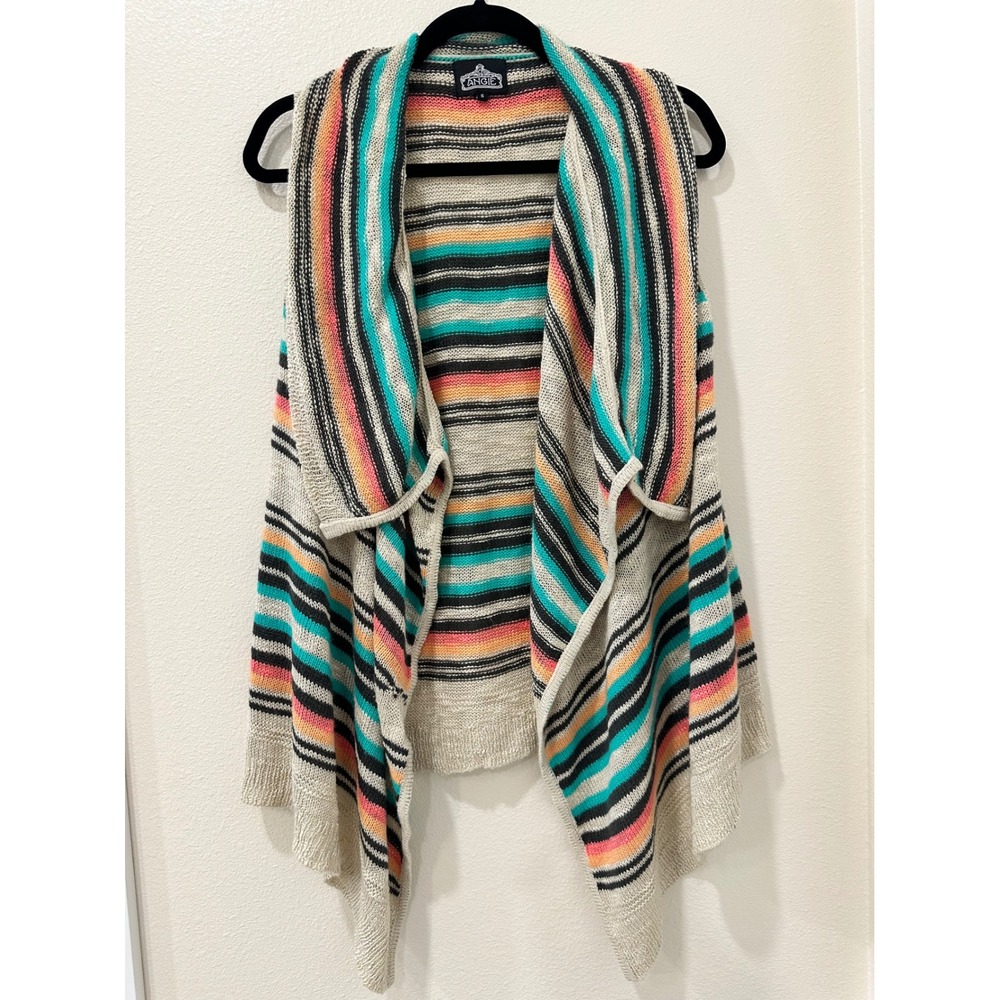 Angie Womens Striped Open Front Knit Vest Multi Color Boho Sleeveless Sweater S